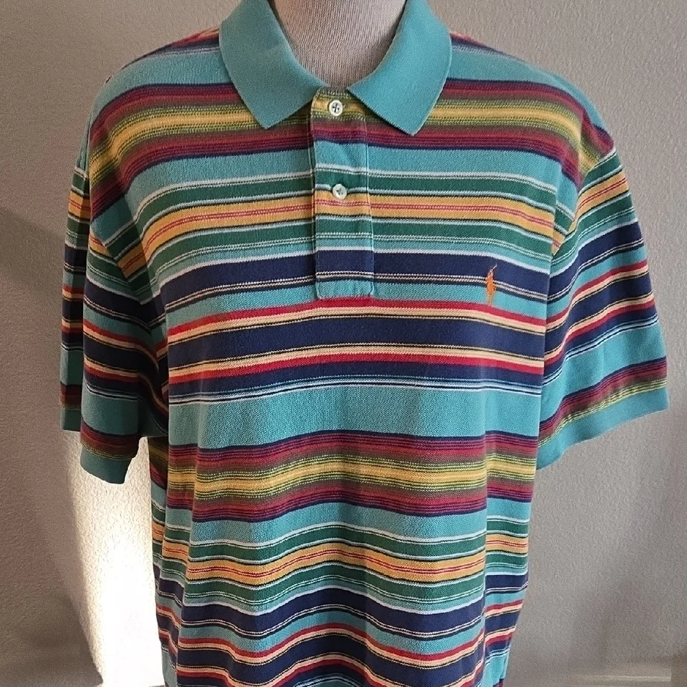 Ralph‎ Lauren Blue and Green Polo Shirt with Horizontal Stripes